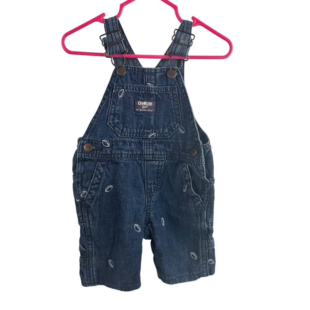 OshKosh B'gosh Shortalls 18M Blue Football Embroidered Denim Overalls Kids
